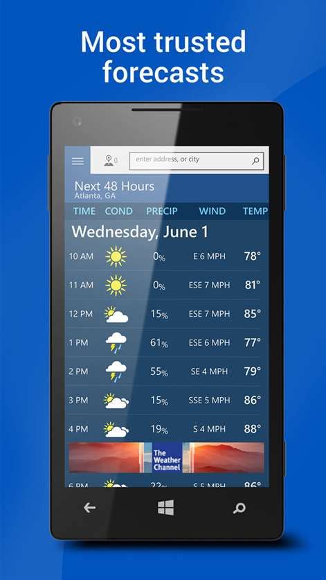 The clean design delivers the basic forecast information and current conditions to your phone with live tile and lockscreen support. The Weather Channel for Windows 10 free download on 10 App ...