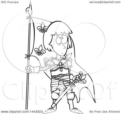 Clipart Of A Cartoon Black And White Lineart Joan Of Arc