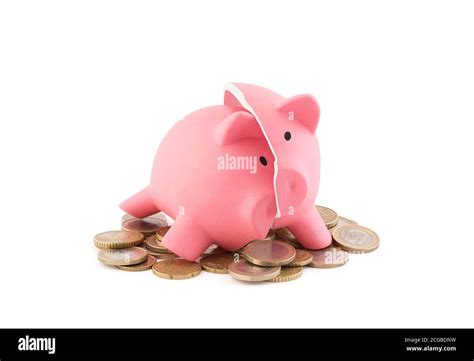 Broken Piggy Bank With Coins On White Background With Clipping Path
