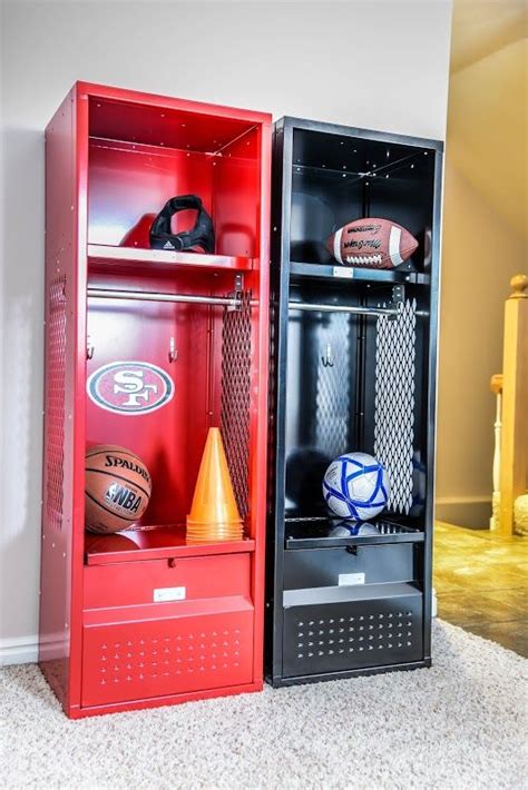Two Lockers With Sports Items In Them Sitting On The Floor Next To Each
