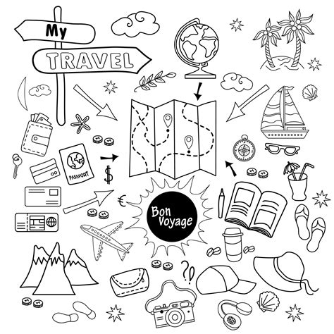 Doodle Set Of Travel Vector Drawings Of Luggage For Tour Of Sea And