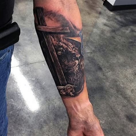 Cross tattoo designs are representations of a symbol that is far more ancient and varied than you christian slater: Lion and lamb under big wooden cross religious realistic ...