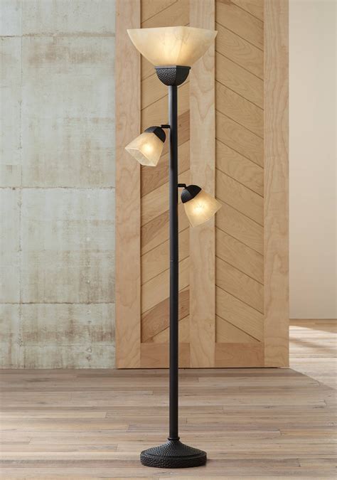 Torchiere Floor Lamp 3 Light Roman Bronze Amber Glass Dimmable For