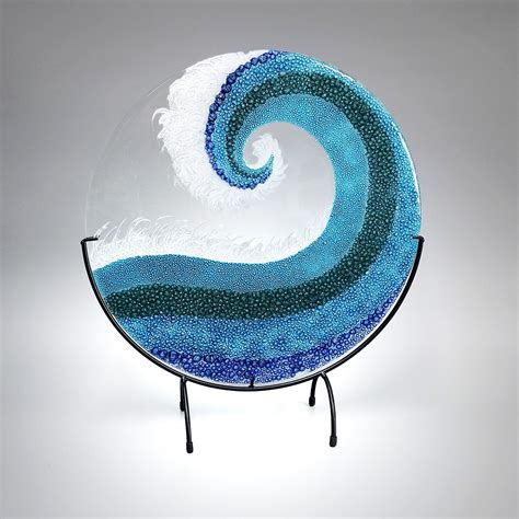 Xlarge Fused Glass Art Crashing Ocean Wave With Stand Pipeline Waves