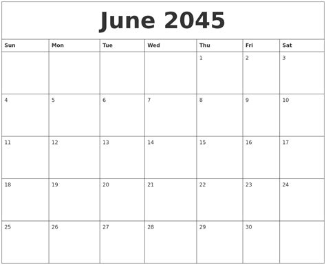 June 2045 Printable Calendar Templates