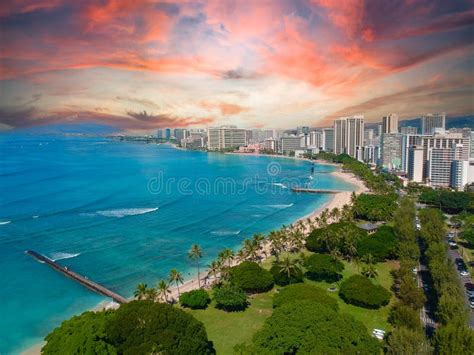 Aerial Panoramic Views Of Waikiki Beach Honolulu Hawaii Stock Image