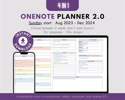 Onenote Planner Aug 2023 Dec 2024 Sunday Start Minimalist Digital