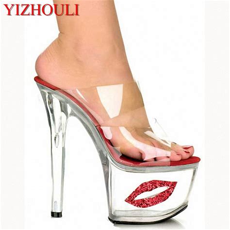 Sexy Crystal Shoes 17cm Ultra High Heels Exotic Dancer Lips Platform Slippers Night Club 7 Inch