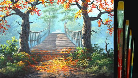 How To Paint Autumn Landscape With Trees On Hanging Bridge