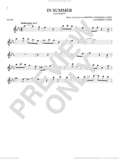 Anderson Lopez In Summer From Disneys Frozen Sheet Music For Flute
