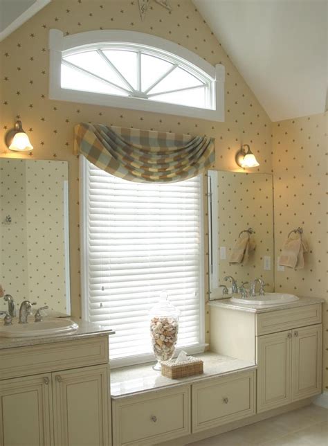 This super easy window topper uses a wide continental curtain rod. and white vanity cozy bathroom with simple window curtains ...