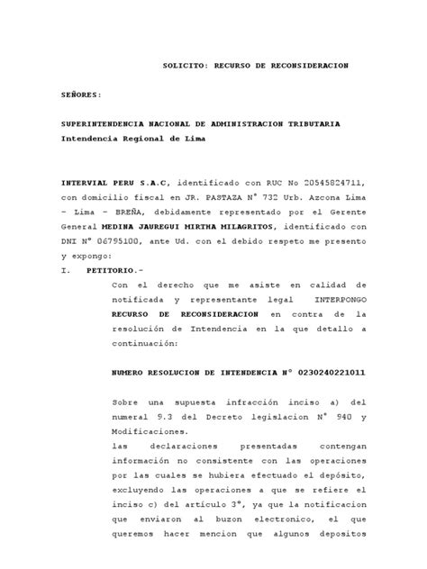 Carta Reconsideracion Intervial Peru Sac Pdf Gobierno Justicia
