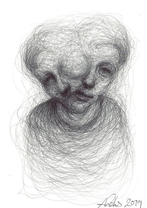 Ballpoint Pen Drawing Of A Figure With Two Faces Emerging From The Same