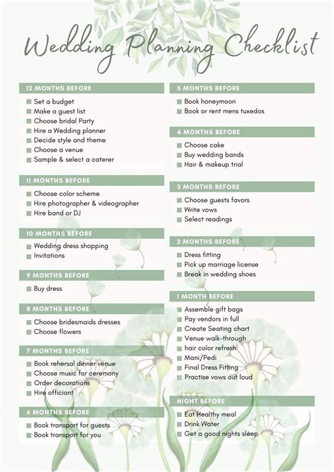 Wedding Checklist Printable Wedding Day Single Sheet Checklist Month Wedding Planning Wedding