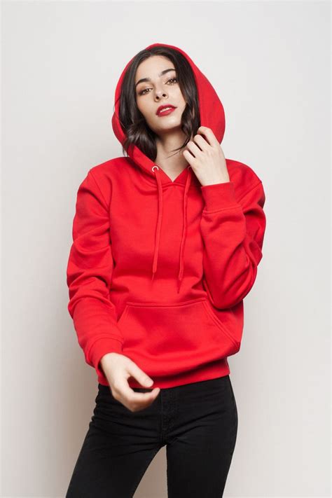 Women Red Fleece Pullover Hoodies Long Sleeve Cotton Hooded