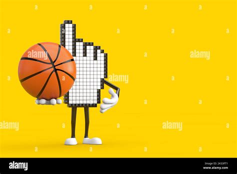 pixel hand cursor mascot personaje de la persona con pelota de baloncesto sobre fondo amarillo