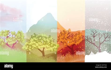 Four Seasons Banners With Abstract Trees On Forest Background Vector
