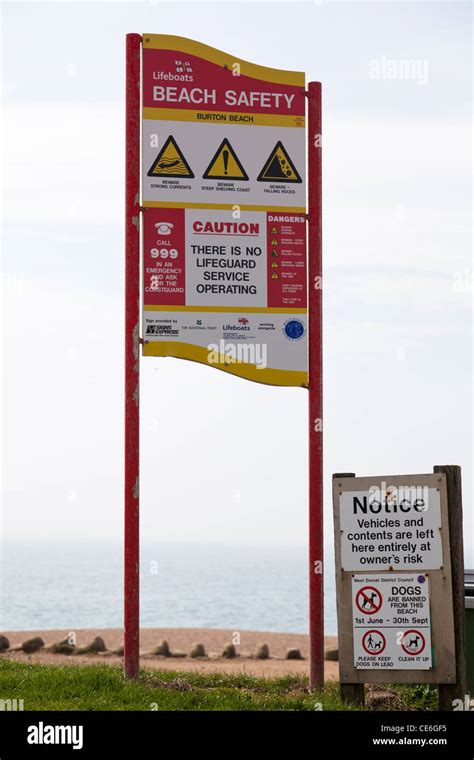 Beach Safety And Other Warning Signs Next To The Beach At Burton Bradstock Dorset England