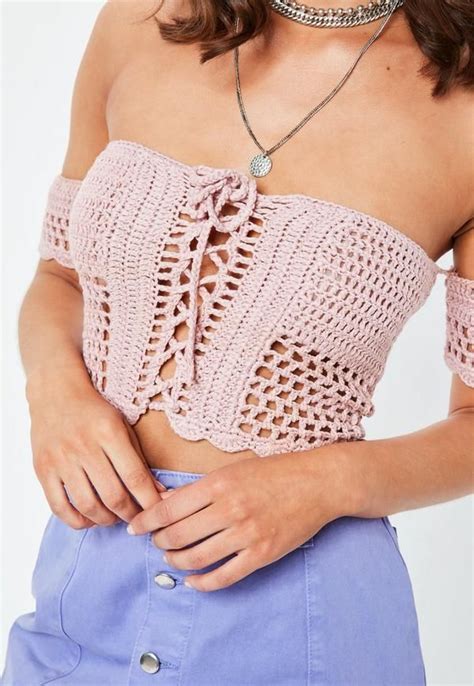 pink bardot crochet knitted crop top missguided knit outfit knit crop top