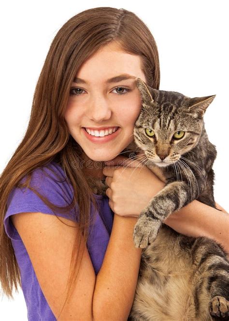 Happy Girl Holding Pet Cat Stock Image Image Of Indoors 44436263