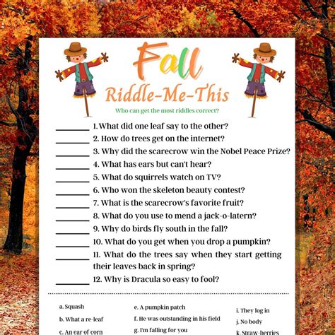 Fall Riddle Me This Game Printable Autumn Game Fall Riddles Fall