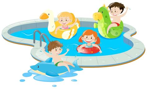 Four Kids Having Fun In The Pool Stock Vector Illustration Of