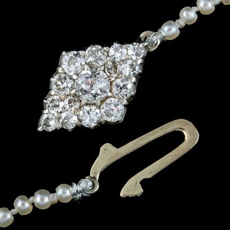 Antique Edwardian Natural Pearl Necklace Diamond Clasp With Box And Ce