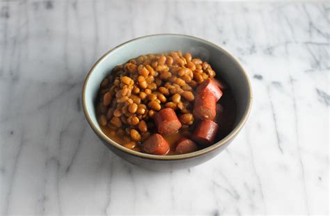 The chili is ground beef cooked with ketchup, chili powder and other seasonings until it is thick and not runny. Comfort Food: Hot Dogs and Baked Beans | The Second Lunch