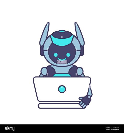 Robot Character Work With Laptop Vector Illustration Cute Cartoon