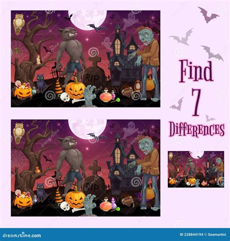 Kids Game Of Find Differences Halloween Monsters Stock Vector