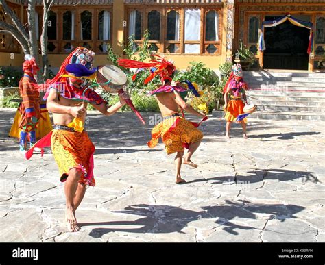 Paro Bhutan November10 2012 Bhutanese Dancers With Colorful Mask