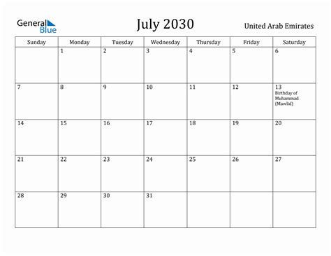 July 2030 Monthly Calendar With United Arab Emirates Holidays