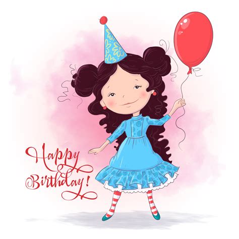 Postcard Poster Of A Cute Girl With A Balloon Hand Drawing Cartoon Style Vector 558588 Vector