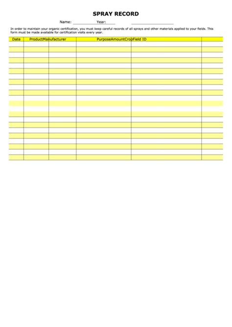 Printable Chemical Spray Record Sheet Template