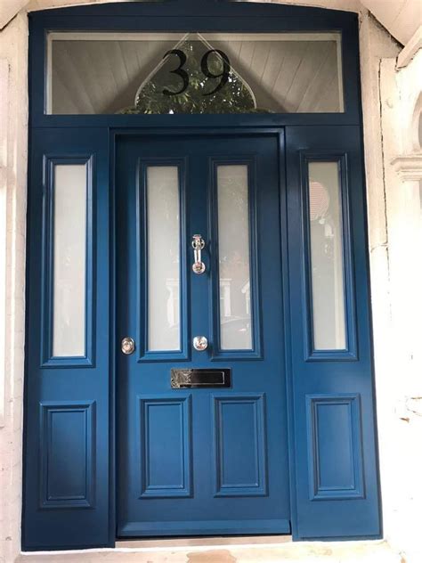 Blue Victorian Front Door With 2 Side Panels And Fan Light To Explore