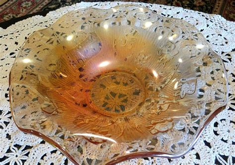 Iris Herringbone Carnival Glass In Marigold Fruit Bowl Carnival Glass