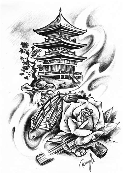 Japanisches Motiv Japan Haus Tempel Tattoo Design Grafik Japanese