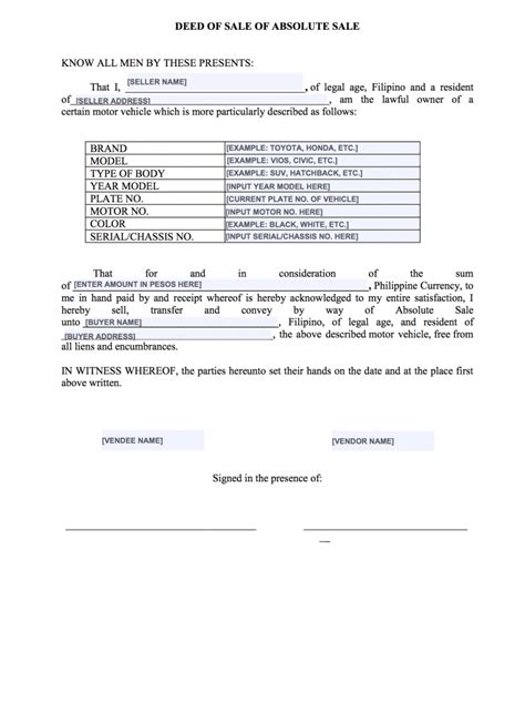Philippines Deed Of Sale Of Motor Vehicle Form Download Printable Pdf