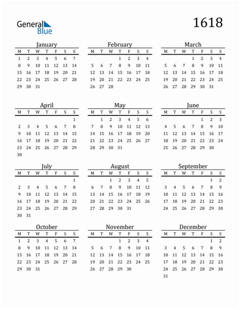 Year 1618 Free Printable 12 Month Calendar