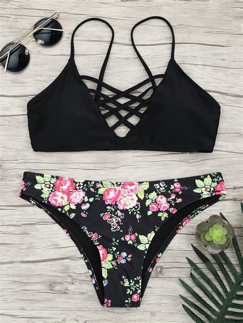 Off Lace Up Bikini Set With Floral Pattern Rosegal