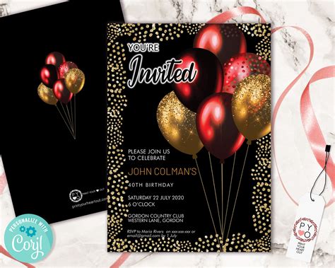 Red Gold Glitter Birthday Balloons Invitation Printable Etsy