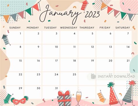 January 2023 Calendar Happy New Year Celebration Party Etsy