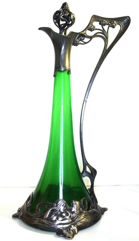 Rare Green Decanter With Pewter Base Etsy Canada Decanter Art Nouveau Bohemian Glass
