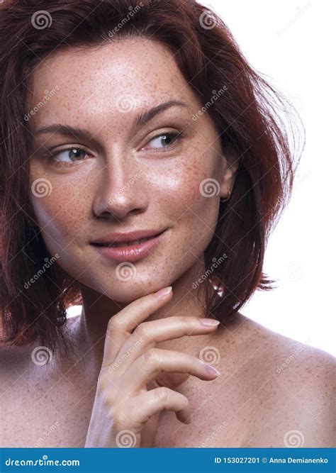 Cute Brunette Woman With Freckles All Over Her Face Clean Flawless