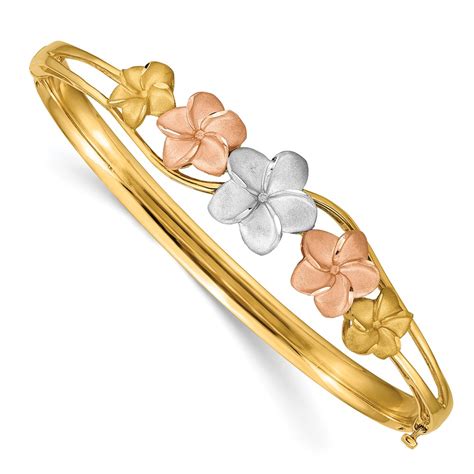 14k Tri Color Gold Polished And Satin Plumeria Hinged Bangle Bracelet Diamond Luv