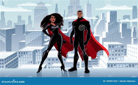 Superhero Couple Black City Winter Stock Vector Illustration Of Black