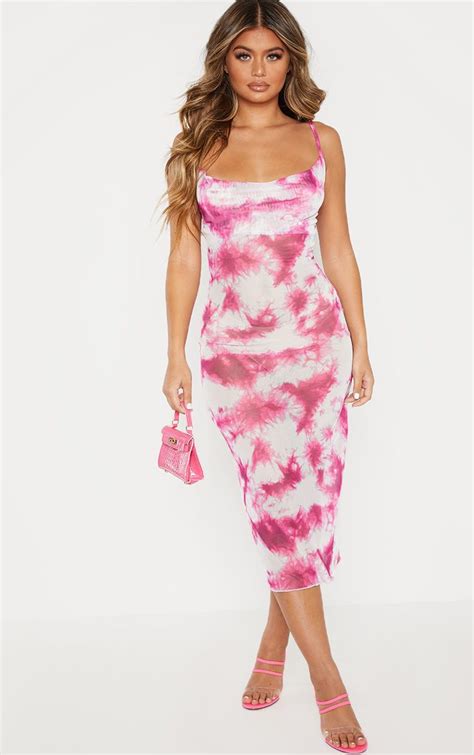 Pink Tie Dye Mesh Cowl Neck Midi Dress Colorful Dresses Dress Clothes For Women Lace Up