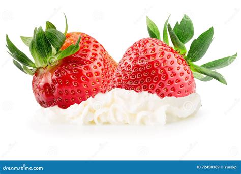Strawberries With Whipped Cream Isolated On The White Background Stock Image Image Of