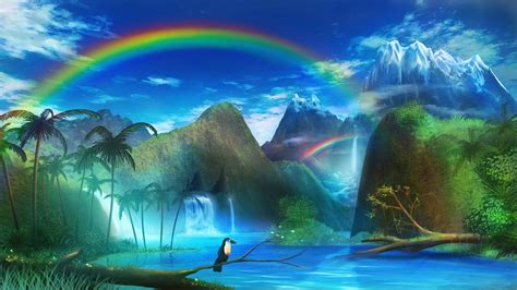 Wallpaper Rainbow Mountains 3d Graphics Tropics Palm Trees 2560x1440