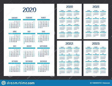 Calendar 2020 2021 2022 And 2023 English Blue Color Vector Set Wall